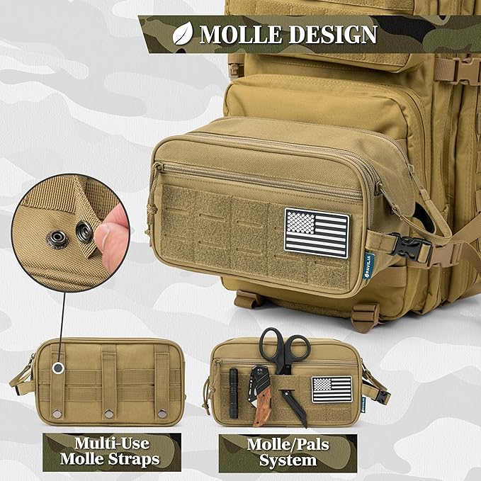 PAVILIA Tactical Toiletry Bag for Men, Water Resistant Molle Military Dopp Kit, Travel Hygiene Organizer with Wet Dry Storage for Shaving, Grooming, Gym and Camping, Tan