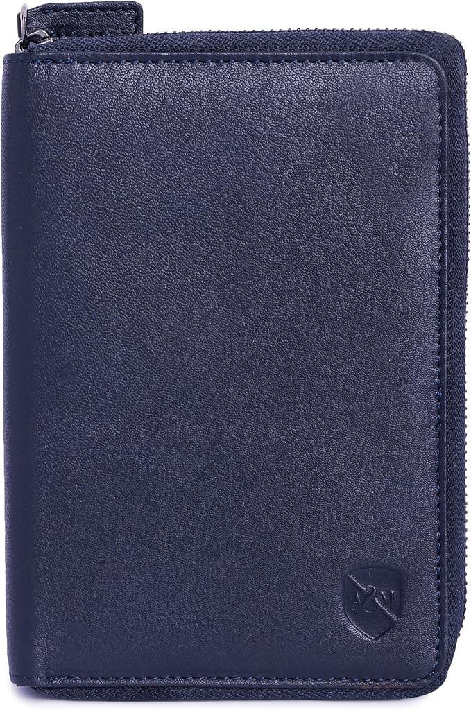ALLEN & MATE 100% Leather Passport Holder for Travel RFID Blocking Passport Wallet for Men & Women - Zippered Compact Travel Document Organizer Fits Passport, Cash, Cards, SIM, ID and Tickets