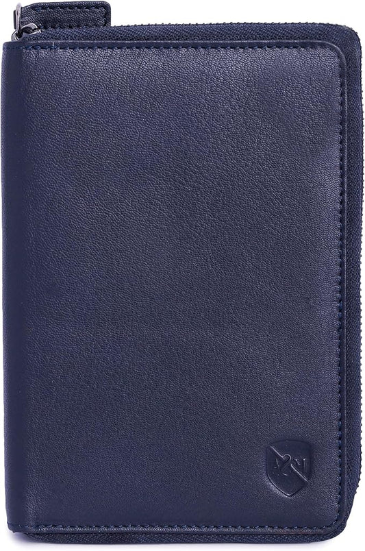 ALLEN & MATE 100% Leather Passport Holder for Travel RFID Blocking Passport Wallet for Men & Women - Zippered Compact Travel Document Organizer Fits Passport, Cash, Cards, SIM, ID and Tickets