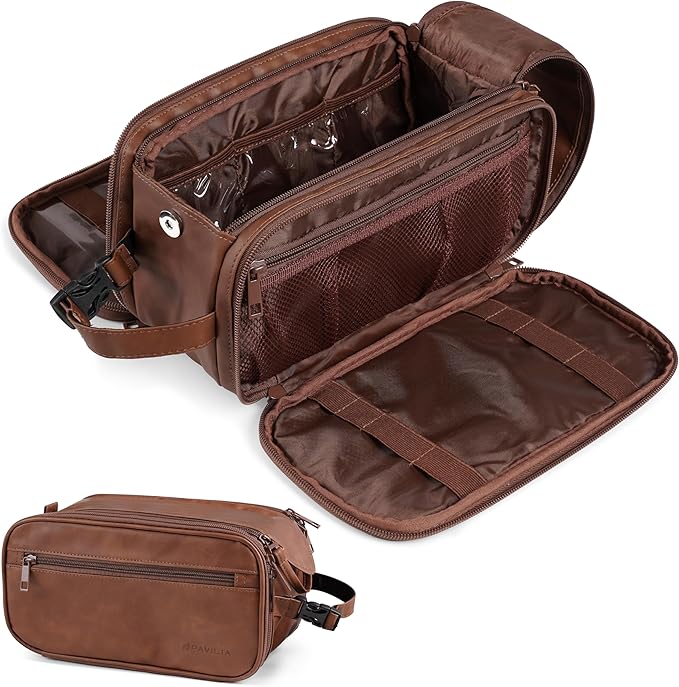 PAVILIA Toiletry Bag for Men, Hanging Travel Dopp Kit Organizer, PU Leather Water Resistant Bathroom Bag for Shaving Grooming, Large Capacity Cosmetic Bag Travel Essentials, Brown