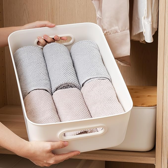 Citylife 4 PCS Storage Bins with Bamboo Lids Plastic Storage Containers for Organizing Stackable Storage Box with Handle, 15 x 10.6 x 5.8 inch