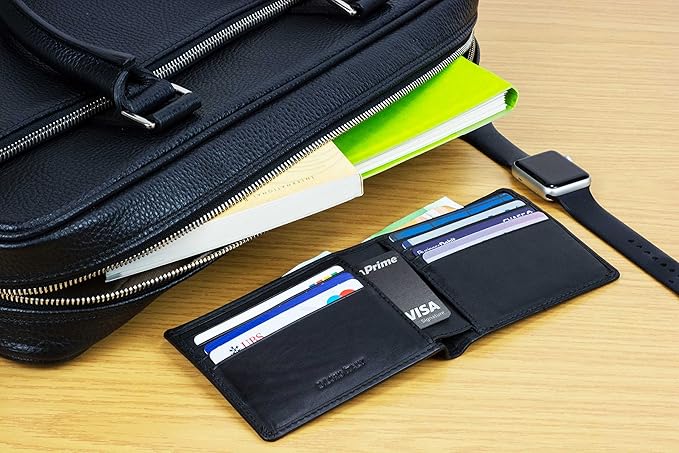 DiLoro Mens Wallet Full Grain Genuine Leather Slim Minimalist Front Pocket Bifold Soft Nappa RFID Protection Black