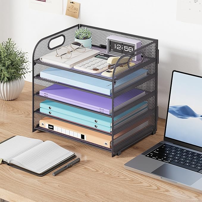 Cawukege 2 Pack 5 Tier Paper Organizer, Letter Tray with Handle, Mesh Desk Organizer, Metal File Organizer, Office Desk Accessories for Home, Office, Classroom, School -Grey