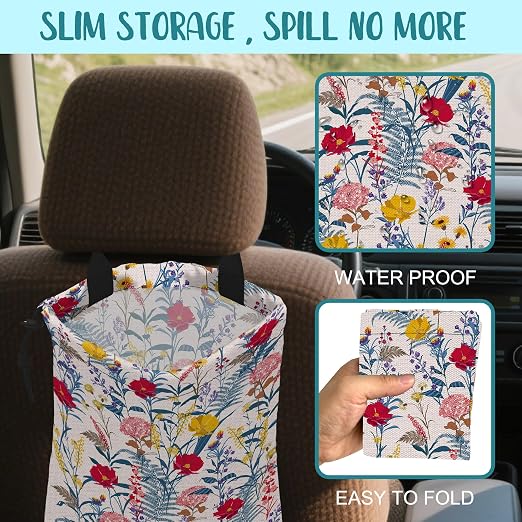 Car Garbage Bag Colorful Flowers and Leaves Drawstring Car Trash Bag Hanging for Back Seat with Adjustable Buckle Canvas Vehicle Trash Can Easy-to-Install