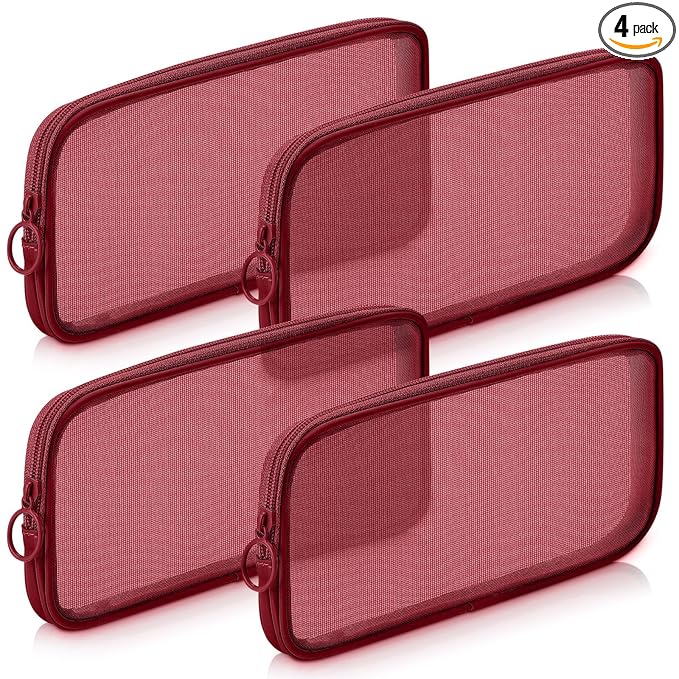 Weewooday 4 Pcs Mesh Makeup Bag Mesh Cosmetic Bag Toiletry Pouch with Zipper Mini Makeup Cosmetic Purse for Daily Accessory(Medium,Claret)
