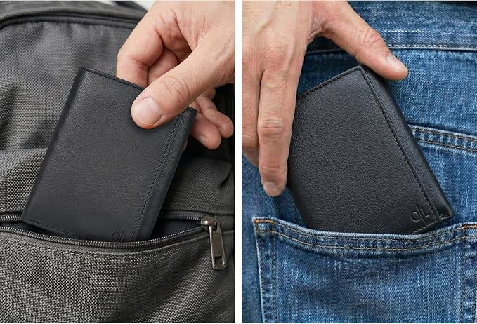 Tri fold Leather Wallet for Men with RFID | Slim Wallets for Men with 1 ID and 6 Credit card slots | Front Pocket Minimalist