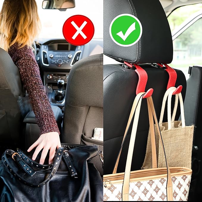 Car Seat Headrest Hook Universal Vehicle Seat Hook Hangers Interior Storage Organizer for Purse Handbag Coats Umbrellas Grocery Bags 4 Pack Red