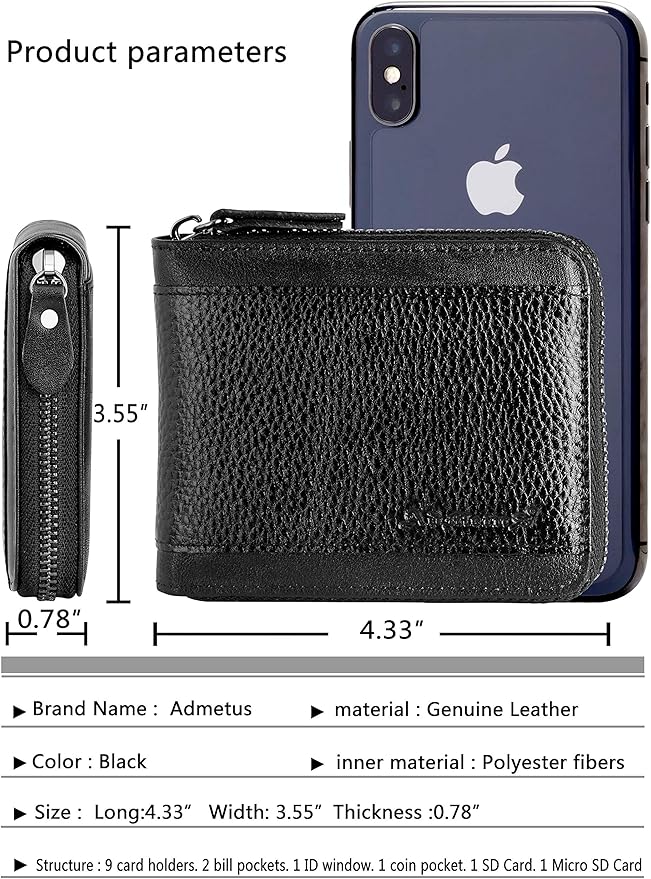Admetus Mens RFID Blocking Wallets Zipper Leather Wallet for Men Bifold RFID Card Holder