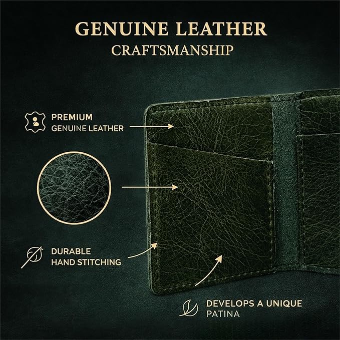 Genuine Leather Bifold Card Holder Wallet for Men & Women Slim Minimalist Front Pocket Credit Card Wallet, Compact Travel & Everyday Carry - Forest Green