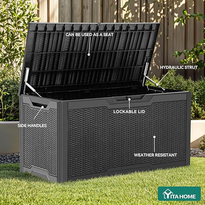 YITAHOME 100 Gallon Outdoor Storage Box, Large Water Resistant Resin Deck Box, Indoor Outdoor Lockable Storage Container for Patio, Garden, Cushions, Tools, Equipment (Black)