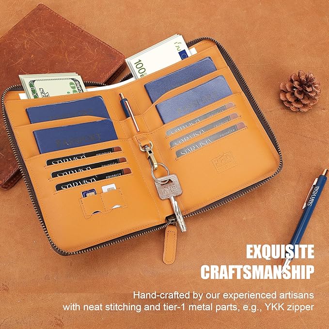 STAR VISTA Lorenzo Full Grain Leather Family Passport Wallet for 4, Large Travel Document Organizer for Exquisite Voyagers, Multi-Currency Compartments, RFID Blocking, AirTag Track, Honey