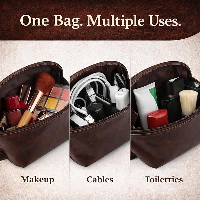 Genuine Leather Toiletry Bag for Men & Women, Leather Makeup Bag, Travel Dopp Kit Organizer with YKK Zipper, Handmade Cosmetics Case for Toiletries & Makeup (9 x 6 x 4 Inch)