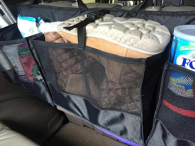Pf SUVs Rear Trunk Organizer with Umbrella Holder Hanging, X Large - Extra Rigid and Visible, Collapsible Cargo Net, Backseat Storage for Mid-size Crossovers to Mid-size SUVs, Van (51-Inches)