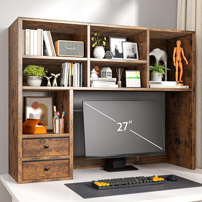 REIBII Desktop Bookshelf, High-Capacity Desk Hutch Organizer with 7 Shelves and 2 Drawers, Adjustable Bookshelf Storage, Desk Shelf for Top of Desk, Desk Hutch Dorm, Rustic Brown