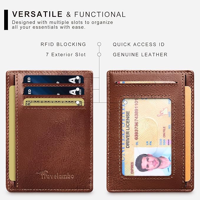 Travelambo 100% Genuine Leather Wallet for Men and Women, Slim Minimalist RFID Blocking Front Pocket Credit Card Holder with Gift Box(Brick Brown)