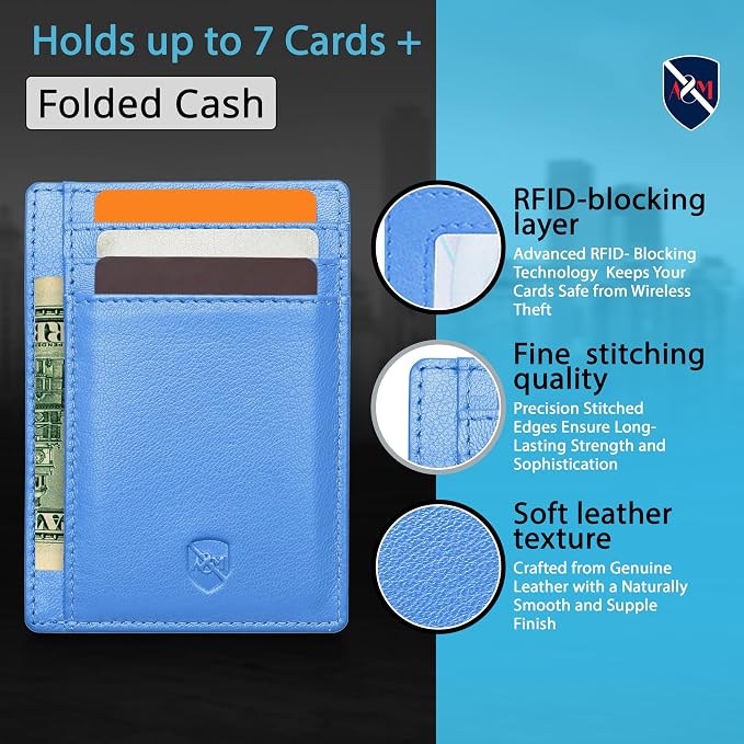 ALLEN & MATE 100% Genuine Leather Slim Minimalist wallet RFID Blocking Card Holder Wallets for Men & Women - Holds 7 Cards, ID & Cash with Gift Box (Blue)
