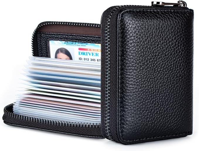 Suweibuke Genuine Leather Credit Card Holder Zipper Wallet RFID Blocking Secure Card Case ID Case Organizer (Classic-Black Pebbled Genuine Leather)