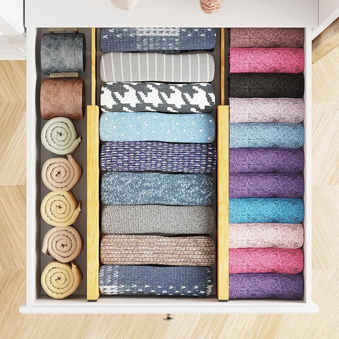 SpaceAid Bamboo 4 Pack Dresser Drawer Dividers, 4.65??High Adjustable 12.5??17??Drawer Organizers, Expandable Organization for Clothing, Clothes, Dressers, Natural