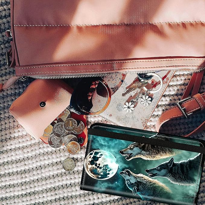 Checkbook Cover for Women & Men PU Leather Checkbook Covers for Personal Checkbook Check Book Credit Card Holder Holder Wallet with RFID Blocking for Duplicate Checks,Cool Wolves Howling at The Moon