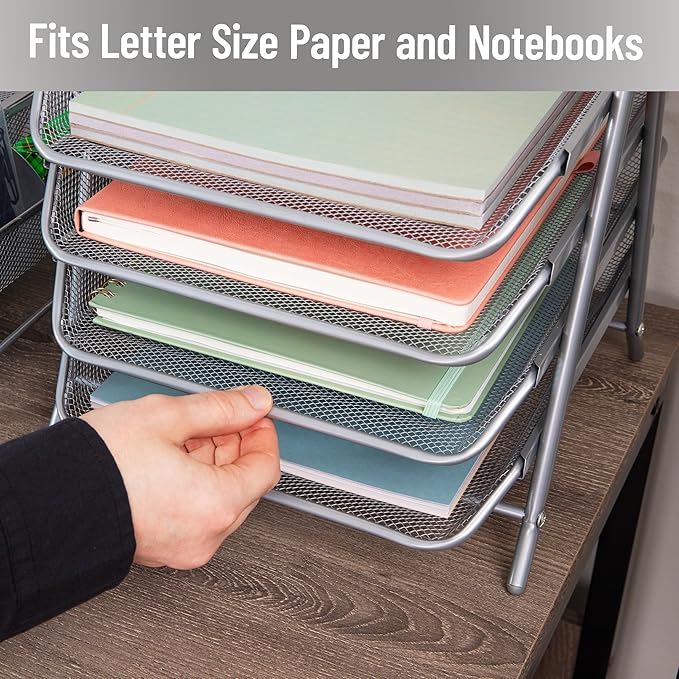 Mind Reader 4-Tier Paper Tray, Desktop Organizer, File Storage, Office, Metal Mesh, 12"L x 13.75"W x 12.5"H, Silver