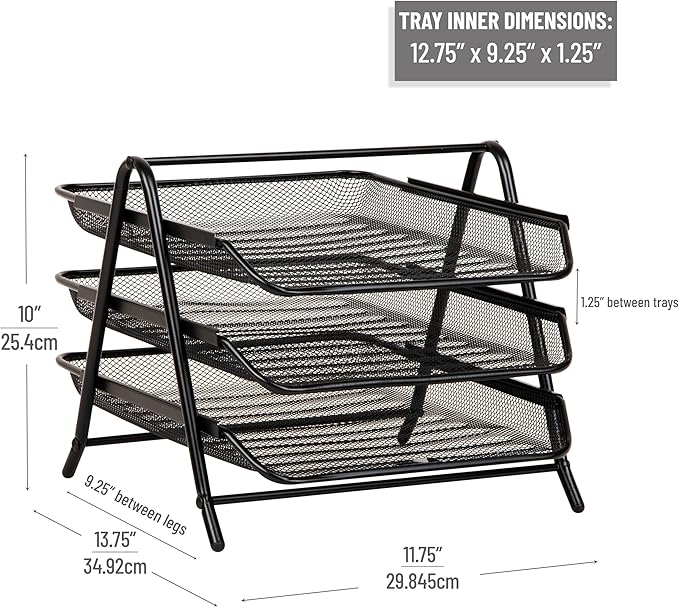 Mind Reader 3-Tier Paper Tray, Desktop Organizer, File Storage, Workspace, Office, Metal Mesh, 11.75"L x 13.75"W x 10"H, Black