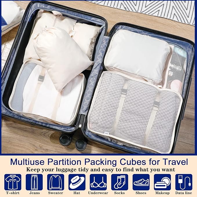Reginary 28 Pcs Packing Cubes for Travel, 4 Sets Luggage Organizer Bags Foldable Suitcase Organizers for Vacation Cruise(Dark Color)