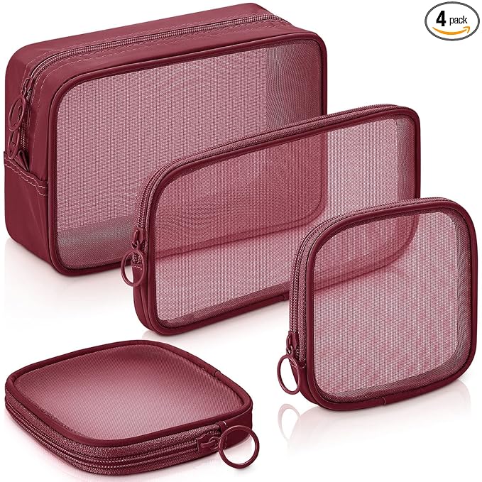Weewooday 4 Pcs Mesh Makeup Bag Mesh Cosmetic Bag Travel Toiletry Pouch with Zipper Mini Makeup Cosmetic Purse for Daily Accessory(Small, Large, Medium,Wine Red)