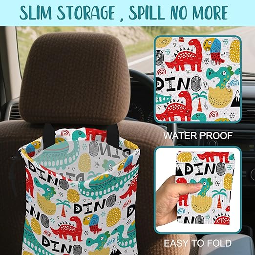 Car Trash Bag Dinosaur with Abstrct Palms and Eggs Leak-Proof Waterproof Car Garbage Bag with Drawstring Foldable Canvas Trash Bin with Adjustable Buckle for Car Accessories, Travelling, Camping