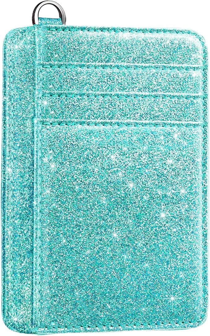 Coco Rossi Slim Front Pocket Wallet RFID ID Card Holder Cute Small Wallet with Keychian for Women,Glitter Teal