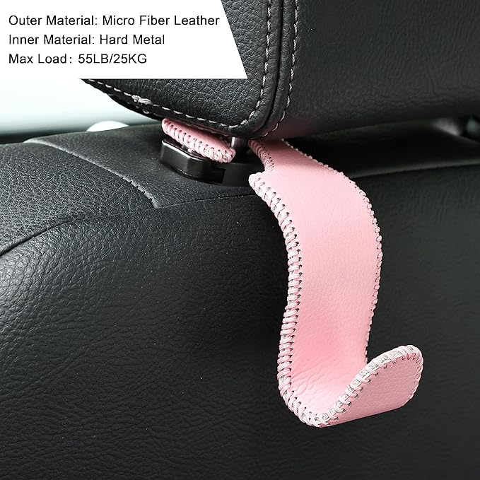 Amooca Car Seat Headrest Hook Universal Vehicle Storage Hanger Leather with Metal Car Seat Back Organizer for Handbag Purse Coat Pink 2 Pack