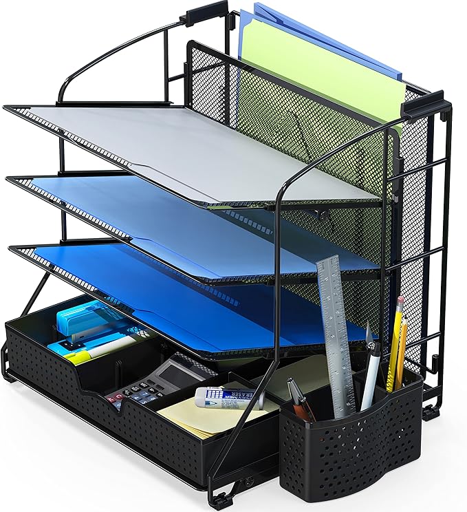 Simple Houseware Desktop Document Tray Organizer with Sliding Drawer/Caddy/Hanging File Section, Black