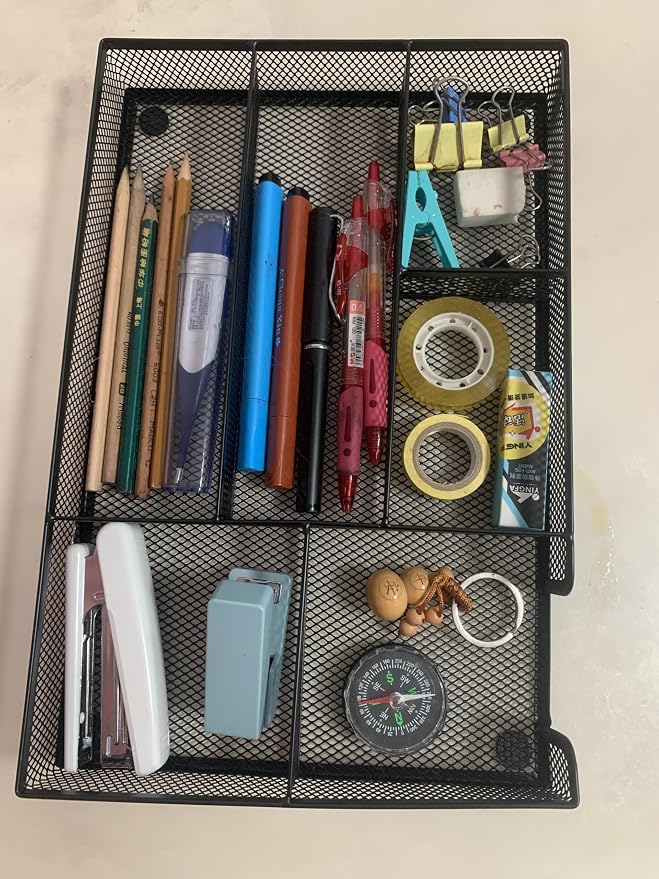 Desk Drawer Organizer tray, Mesh Drawer Organizer Tray for Office, School or Home Supplies Desktop Storage Stationery,bathroom,kitchen, 6 Compartments, 12.6 x 8.27 x 1.57 inch, Black