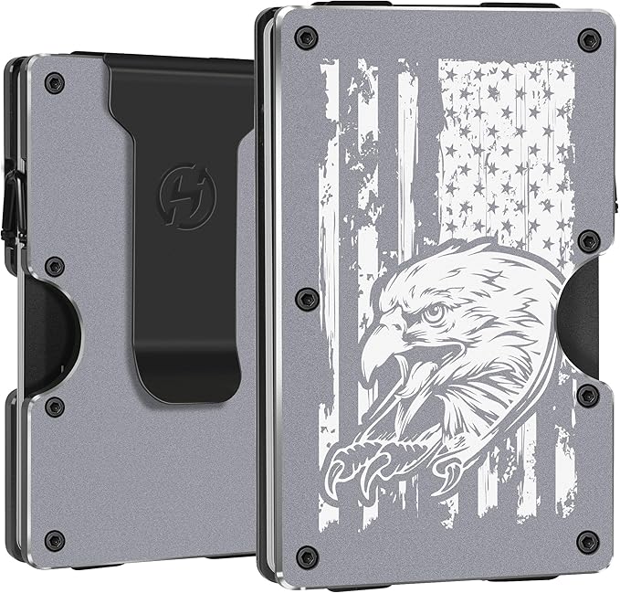 Minimalist Wallets for Men | American USA Flag and Eagle | Aluminum RFID Blocking Metal Wallet | Front Pocket EDC Pull Wallet | Slim Tactical Wallet | Carbon Fiber Card Holder