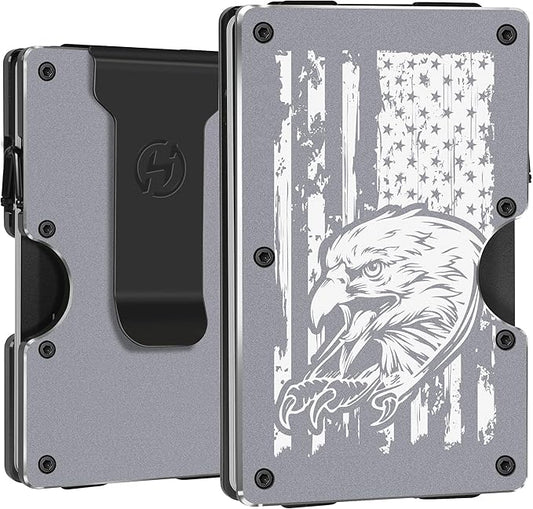 Minimalist Wallets for Men | American USA Flag and Eagle | Aluminum RFID Blocking Metal Wallet | Front Pocket EDC Pull Wallet | Slim Tactical Wallet | Carbon Fiber Card Holder