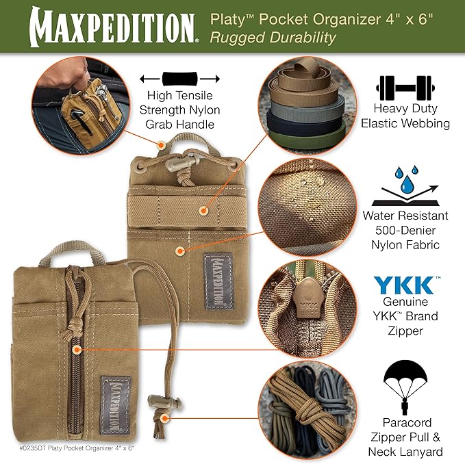 MAXPEDITION Platy Pocket Organizer, Durable EDC Tool Pouch for Men, Neck Wallet with Paracord Lanyard, Holds Flashlight, Multitool, Pen, Notebook