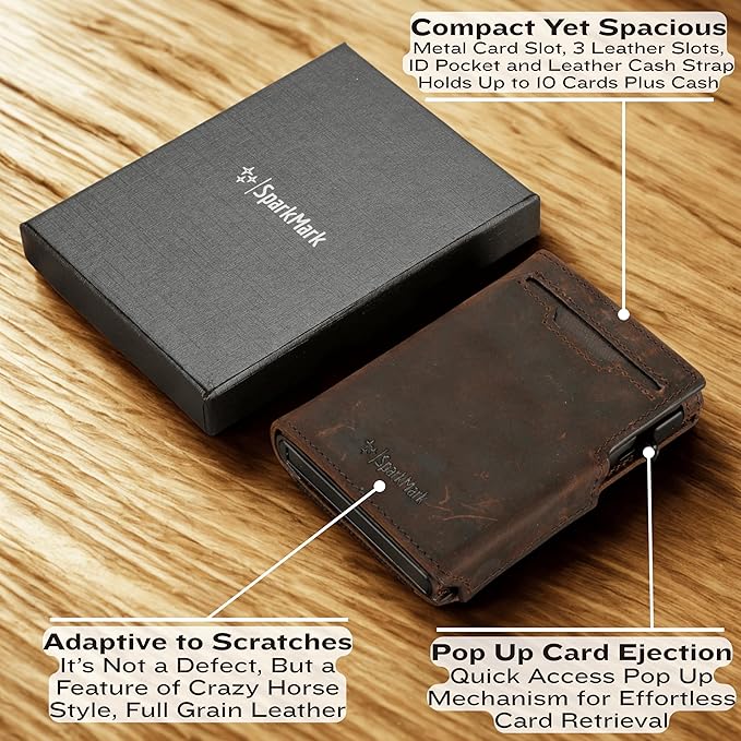 Minimalist Pop Up Wallet for Men | RFID Blocking Credit Card Holder Wallet with Money Clip | Mens Wallet Slim Bifold Front Pocket Metal Case with Gift Box (Genuine Full Grain Soft Leather)