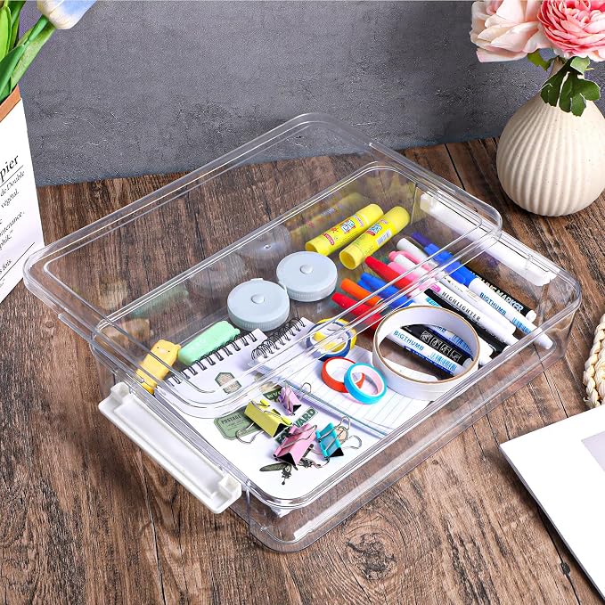 2 Pack Clear Plastic Stackable Storage Box File Protector Case Organizer Portable Project Case Document Holder for 9.2 x 13.6 Letter A4 File Paper, Plastic Storage Box Office Documents