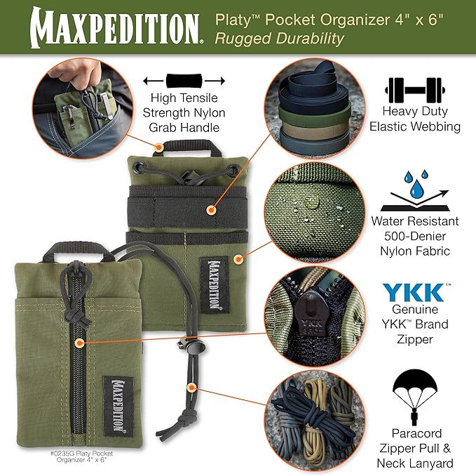 MAXPEDITION Platy Pocket Organizer, Durable EDC Tool Pouch for Men, Neck Wallet with Paracord Lanyard, Holds Flashlight, Multitool, Pen, Notebook