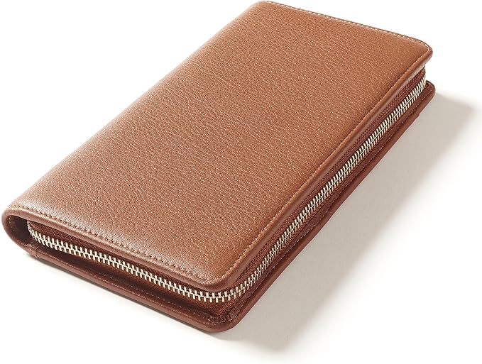 Leatherology Cognac Full Grain Leather Zip Around Travel Wallet – RFID Passport Organizer for Cards, Cash & Travel Documents
