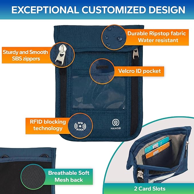 Travel Neck Wallet – Travel pouch and RFID Blocking Passport Holder for Women and Men - Slim Travel Wallet to Keep Your Cash, Passport, Credit Cards Safe. (Navy)