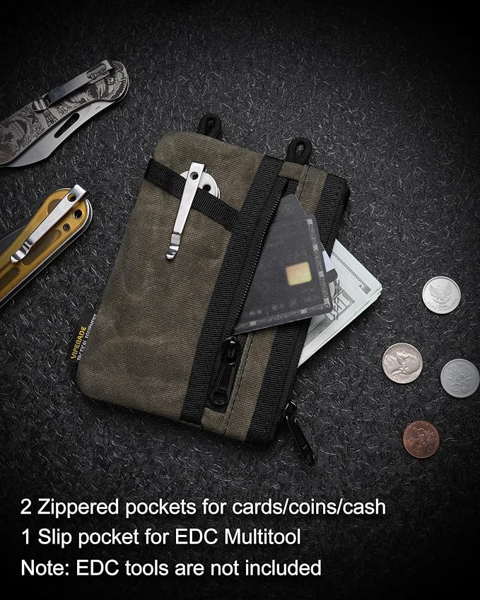 VIPERADE VE16N-OW Waxed Canvas Zipper Wallet, Minimalist with 5 Pockets, 2 Zipper Slim Pocket Multitool Pouch for Everyday Carry (OD Green)
