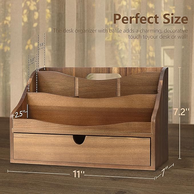 Rebee Vision Acacia Wood Mail Organizer for Desk - Farmhouse Countertop Mail Holder with Dividers - 4-Slot Letter Sorter for Office Accessories - Desktop Organizer for Home Decor (Acacia Wood)