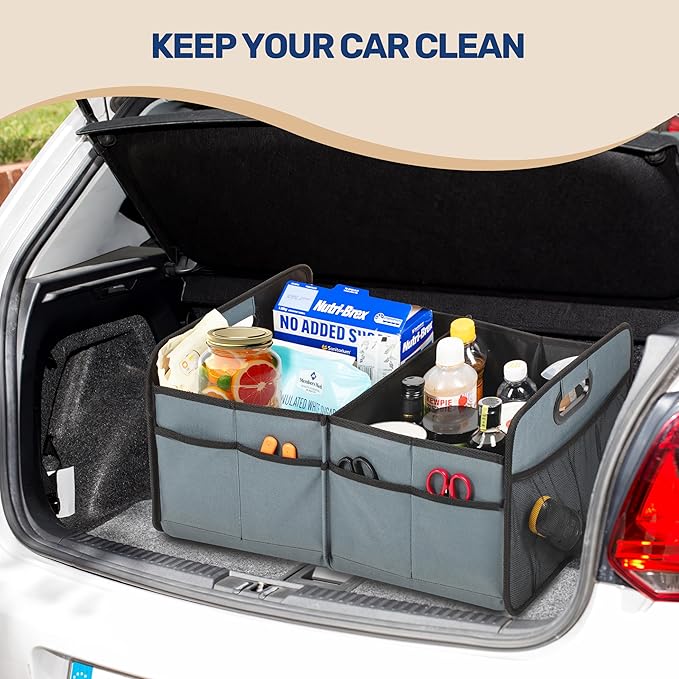 YSSOA Trunk Organizer for Car/SUV/Truck, Collapsible 2 Compartment Automotive Storage Box, 600D Waterproof Oxford Polyester 50L Travel Accessories, Anti-slip & Leak-proof, Grey-Green