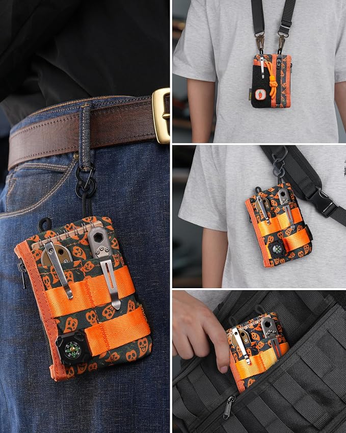 VIPERADE VE18-M EDC Pocket Pouch, Slim EDC Organizer with 3 EDC Slots+2 Zipper Pockets, 1 Large Pocket for Notebook or Cellphone, EDC Pouch for Men