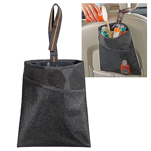 High Road Slim Hanging Car Trash Bag with Waterproof Liner, Storage Pocket and Adjustable Strap - Hangs from Handles or Headrest Posts Without Taking Up Legroom