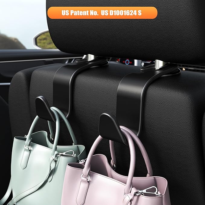 Amooca Car Seat Headrest Hook 4 Pack Hanger Storage Organizer Universal for Handbag Purse Coat Universal fit Vehicle Car Black with Buckle