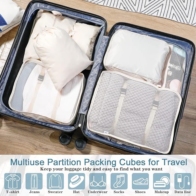 Reginary 28 Pcs Packing Cubes for Travel, 4 Sets Luggage Organizer Bags Foldable Suitcase Organizers for Vacation Cruise(Light Color)