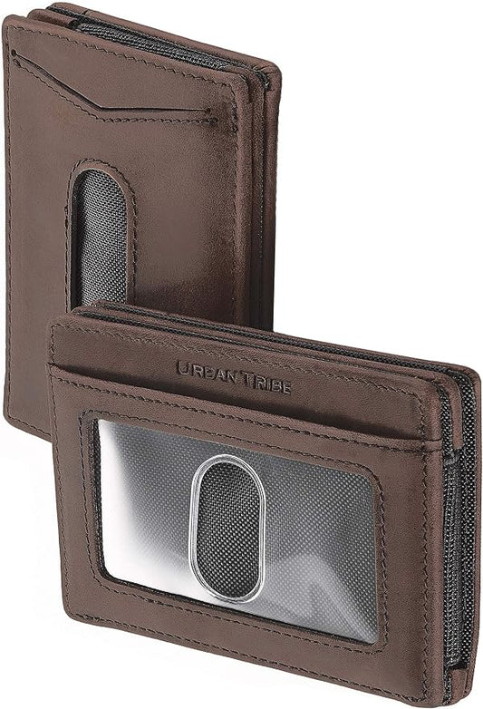 Compact RFID Sleeve Wallet Premium Leather Minimalist Money Clip Card Holder 10 Cards