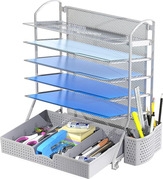 Simple Houseware 6-Tier Desk Document File Tray Organizer with Supplies Sliding Drawer, Silver