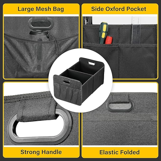 YSSOA Car Trunk Organizer, Foldable 2 Compartment 50L Storage Box with 5 Pocket & Reinforced Handle, 600D Waterproof Oxford Polyester, Non-Slip Bottom, for SUV/Truck, Black